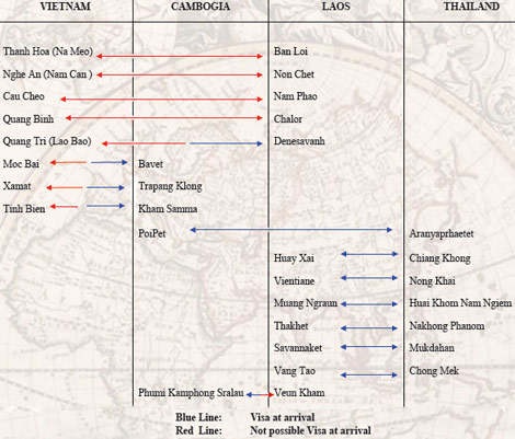 Borders between Vietnam, Laos, Cambodia and Thailand. Where to get the visa in arrival